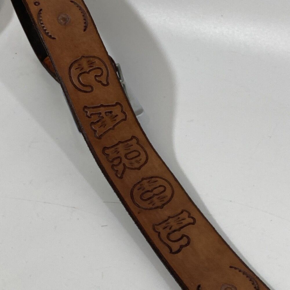 Vtg 1970s Horsehoe & Blue Howlite Belt Buckle & Leather “ Carol” Belt 30/32 1.5” - Picture 5 of 7